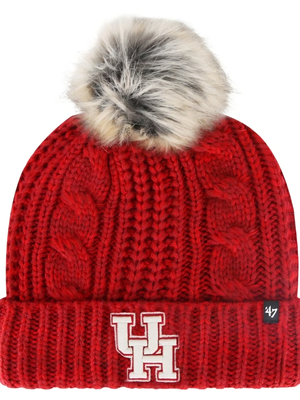 47 Kids Red Beanie with Cream/Black Faux Fur Pom
